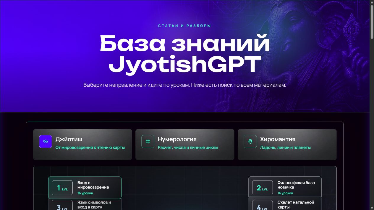 Настоящий экран базы знаний JyotishGPT: каталог разделов и карта модулей